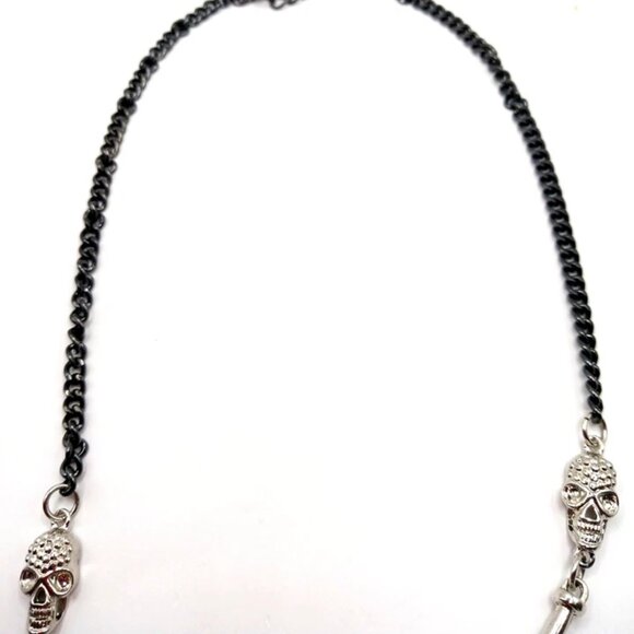 Six Skull Goth Semi Circular Bib Silver + Black Tone Necklace-19 inches - Picture 6 of 7